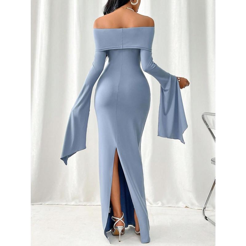 Women's Off-The-Shoulder Pleated Long Sleeve Maxi Dress With Split Hem One Shoulder Women's One Fit Formal