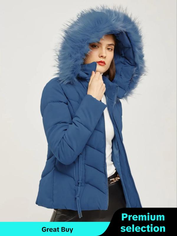 Women's Solid Color Pocket Contrast Faux Fur Hooded Quilted Jacket, Casual Long Sleeve Zip Up Outerwear for Fall & Winter, Ladies Clothes for Daily Wear, Winter Clothes Women, Puffer Jacket