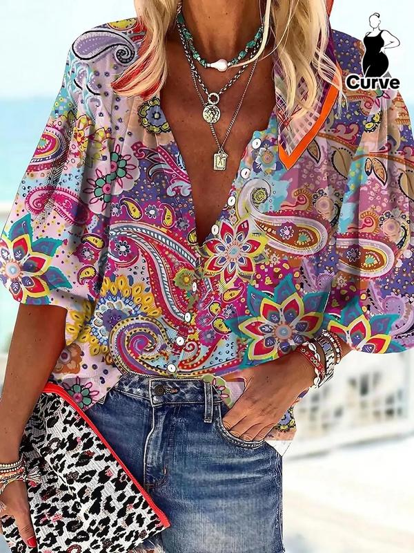  All Over Paisley Print Button Front Blouse, Going Out Tops, Boho Bishop Sleeve Notched Neck Graphic Top for Spring & Fall, Women's Plus Clothes for Daily Wear, Fall clothes 2024