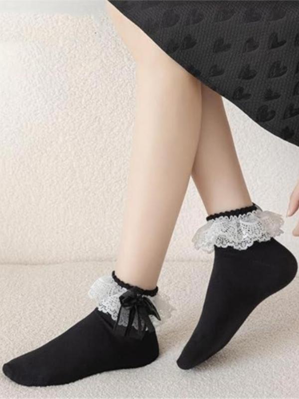 Women's Bow Decor Contrast Lace Crew Socks, Lolita Style Plain Socks, Ladies Socks for All Seasons, Fall Wear, Fallfreshness Socks