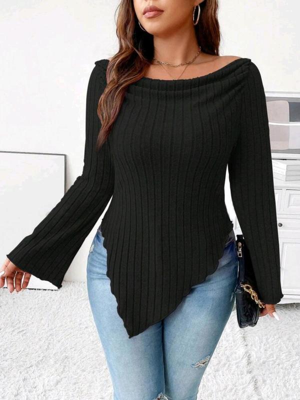  Solid Off Shoulder High Low Hem Tee, Casual Long Sleeve T-shirt for Fall & Winter, Women's Clothing for Daily Wear