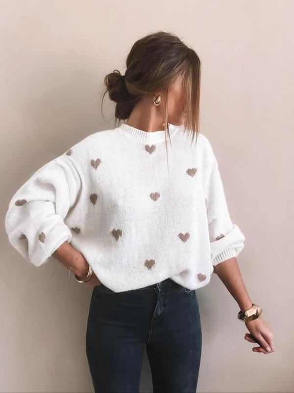 Women's All Over Heart Print Drop Shoulder Sweater, Casual Long Sleeve Round Neck Jumper for Fall & Winter, Fashion Ladies' Knitwear for Daily Wear