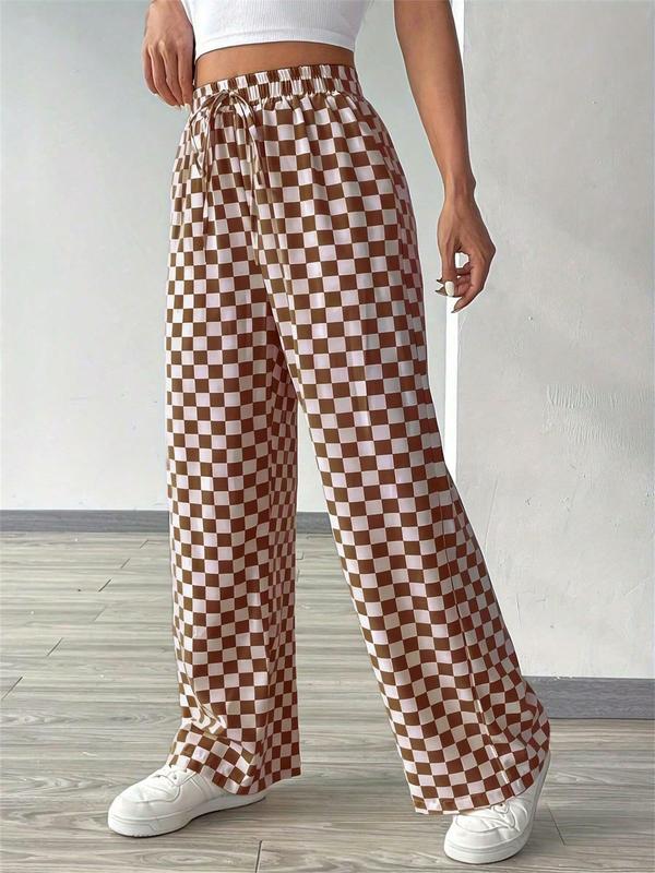 Women's Plaid Print Drawstring Waist Straight Leg Pants, Casual Loose Pocket Trousers for Daily Wear, Ladies Bottoms for Fall & Winter, Downtown Girl Clothes, Preppy 80s Clothes