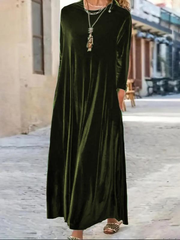  Solid Color Long Sleeve Velvet Dress, Trendy Casual Round Neck Long Dress for Party Holiday Wedding Guest, Women's Clothes for Fall & Winter