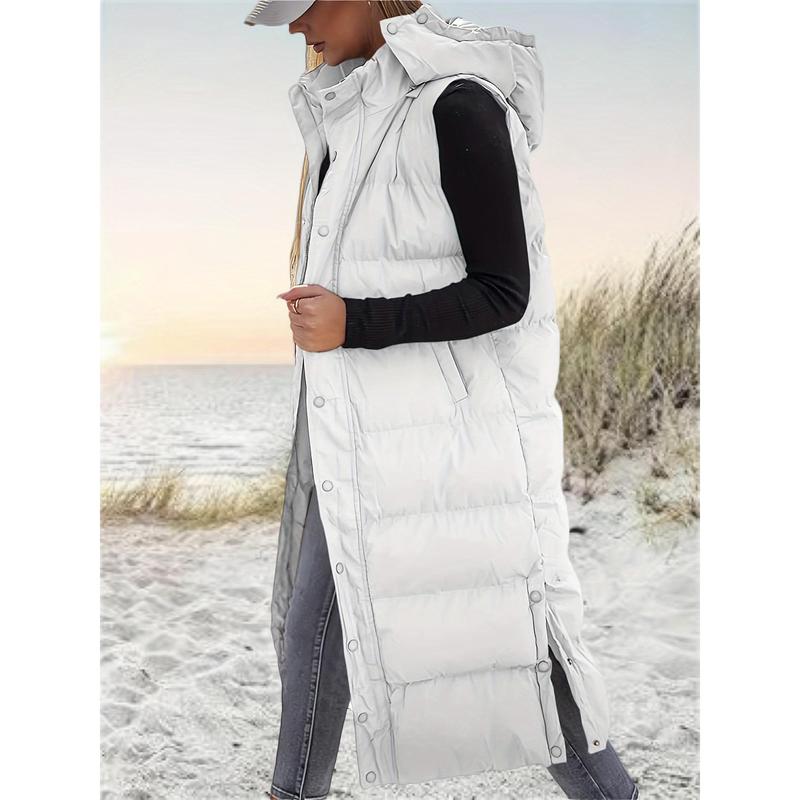 Women's Long Quilted Hooded Vest Sleeveless Button Fluffy down Jacket Cotton Cushion Jacket Winter Coat