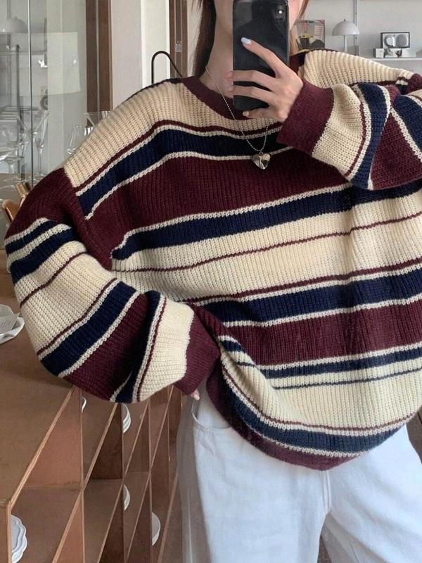 Women's Colorblock Striped Print Drop Shoulder Sweater, Casual Long Sleeve Round Neck Jumper for Fall & Winter, Fashion Ladies' Knitwear for Daily Wear,  Fall Outfits 2024