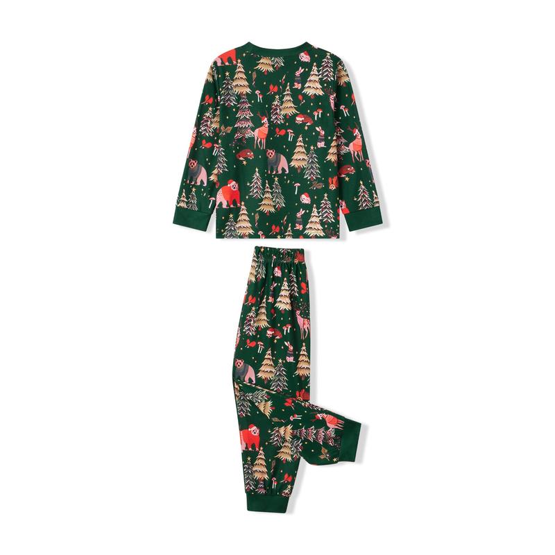 Green Matching Christmas Pajamas For Family, Printed Long Sleeve Tops Elastic Waist Pants for Fall Winter