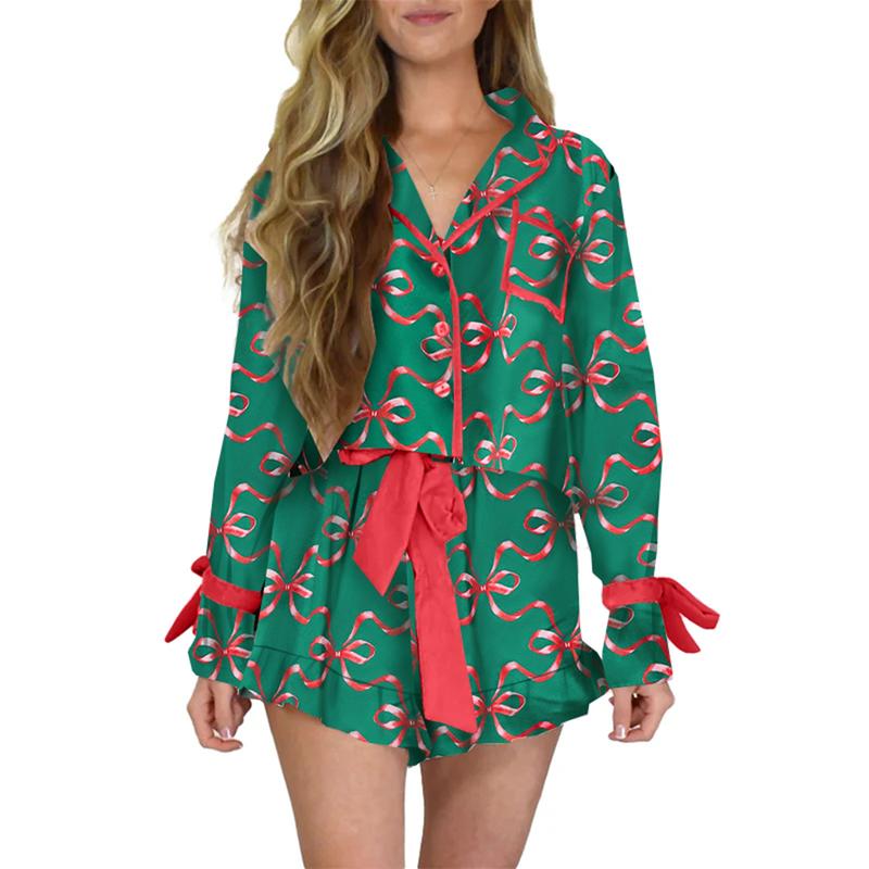 Women Christmas Pajamas Set 2 Pieces Loungewear Suits Bow Cartoon Plaid Print Long Sleeve Shirts Tops Shorts Sleepwear Outfits