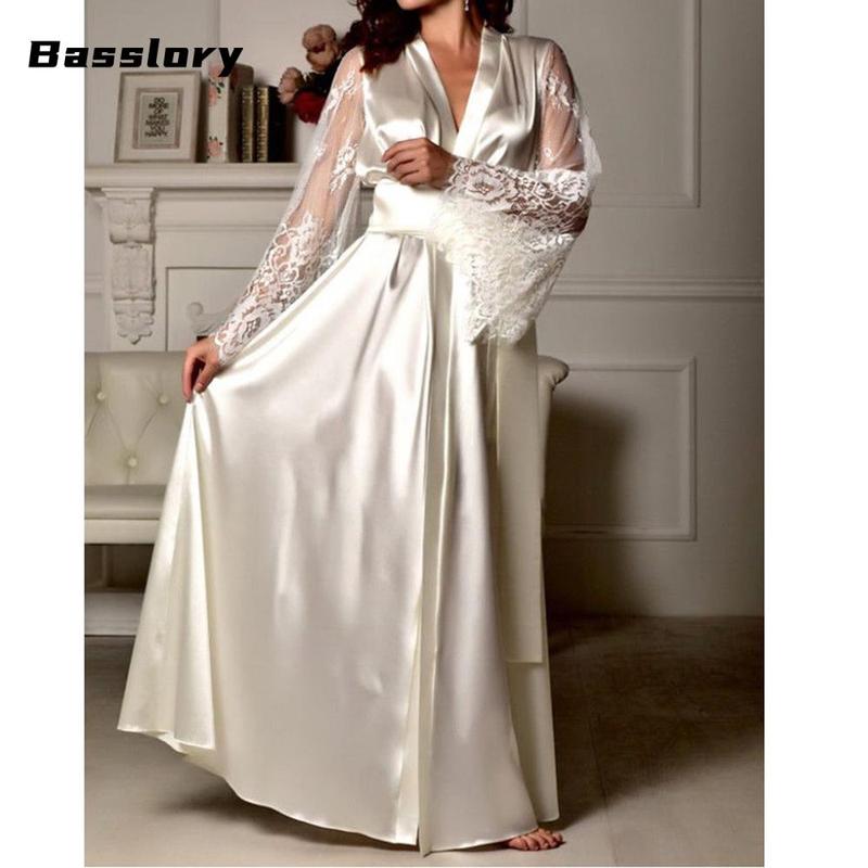 Women's Lace Casual Robe, Sexy V-neck Pajamas, Long See Through Sleeve Nightwear Long Sleeve Elegant