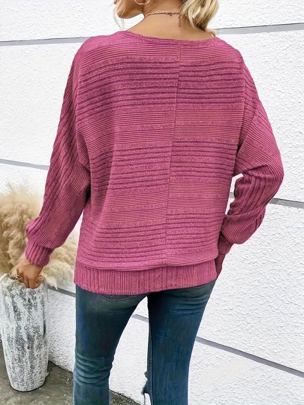  Solid Color Jacquard Batwing Sleeve Pullover Sweater, Elegant Fashion Casual Crew Neck Jumper for Daily Outdoor Wear, Women Clothing for Fall & Winter