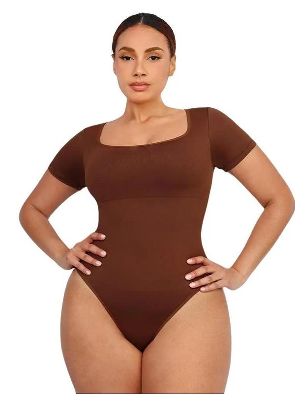 Shapellx Seamless slim-fitting square neck Comfortable Thong Bodysuit With Removable bra pads