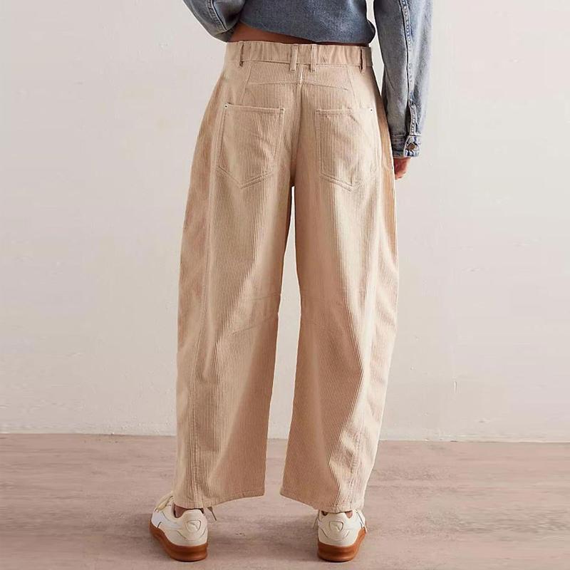 Tanming Women's Corduroy Pants Barrel Mid-Rise Elastic Waist Cord Pants Casual Wide Leg Baggy Trouser with Pockets