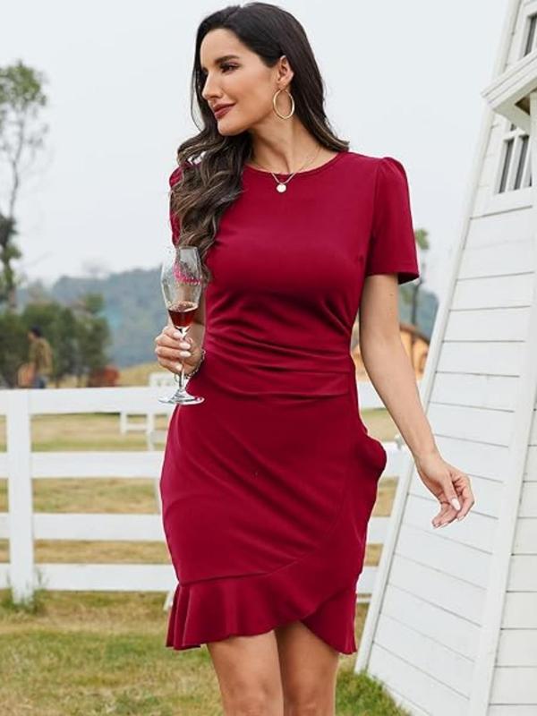 Women's Plain Ruffle Trim Wrap Ruched Puff Sleeve Dress, Elegant Round Neck Short Sleeve Dress for Party Holiday Wedding Guest, Ladies Summer Clothes