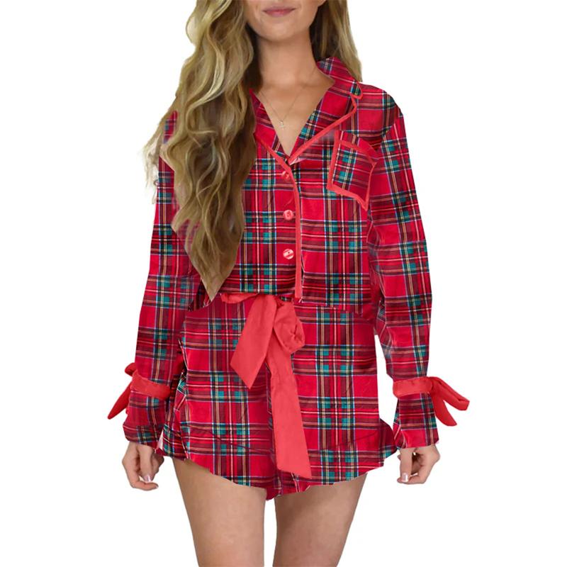 Women Christmas Pajamas Set 2 Pieces Loungewear Suits Bow Cartoon Plaid Print Long Sleeve Shirts Tops Shorts Sleepwear Outfits