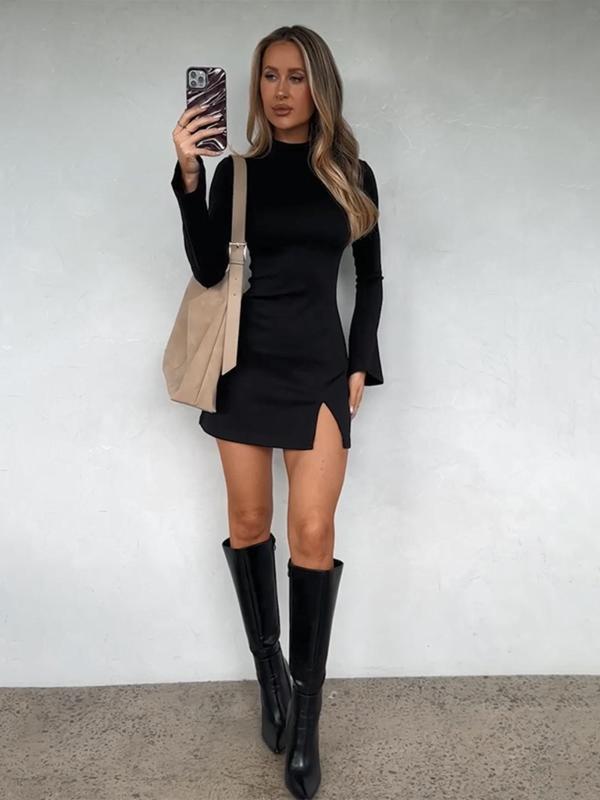 Women's Solid Split Bodycon Dress, Casual Long Sleeve Stand Collar Short Dress for Spring & Fall, Women's Clothing for Daily Wear