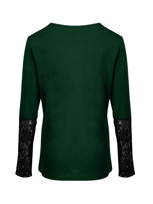 Women's Contrast Lace Button Front Tee, Elegant V Neck Long Sleeve T-shirt for Spring & Fall, Ladies Clothes for Daily Wear