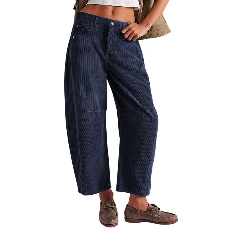 Tanming Women's Corduroy Pants Barrel Mid-Rise Elastic Waist Cord Pants Casual Wide Leg Baggy Trouser with Pockets