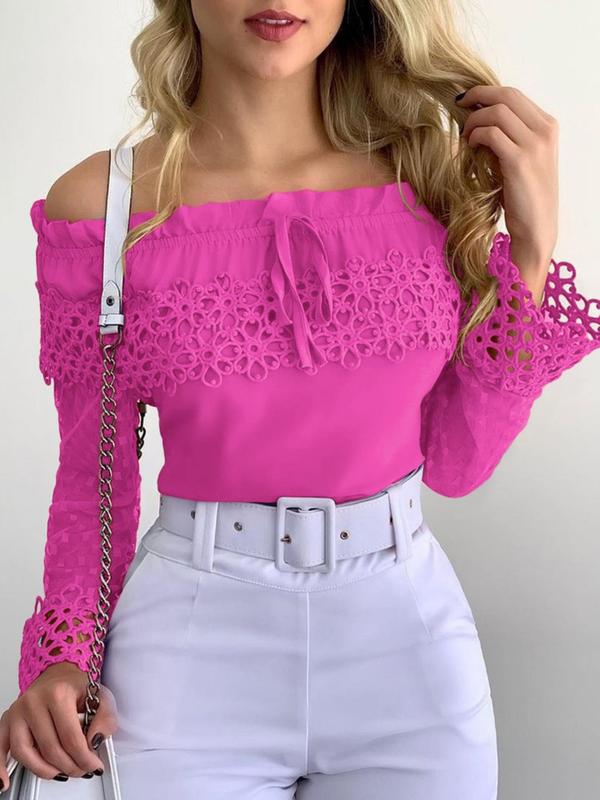 Women's Off The Shoulder Contrast Lace Frill Trim Blouse, Retro Flounce Sleeve Tie Front Top for Spring & Fall, Women's Long Sleeve Clothing for Daily Wear Girl Clothes