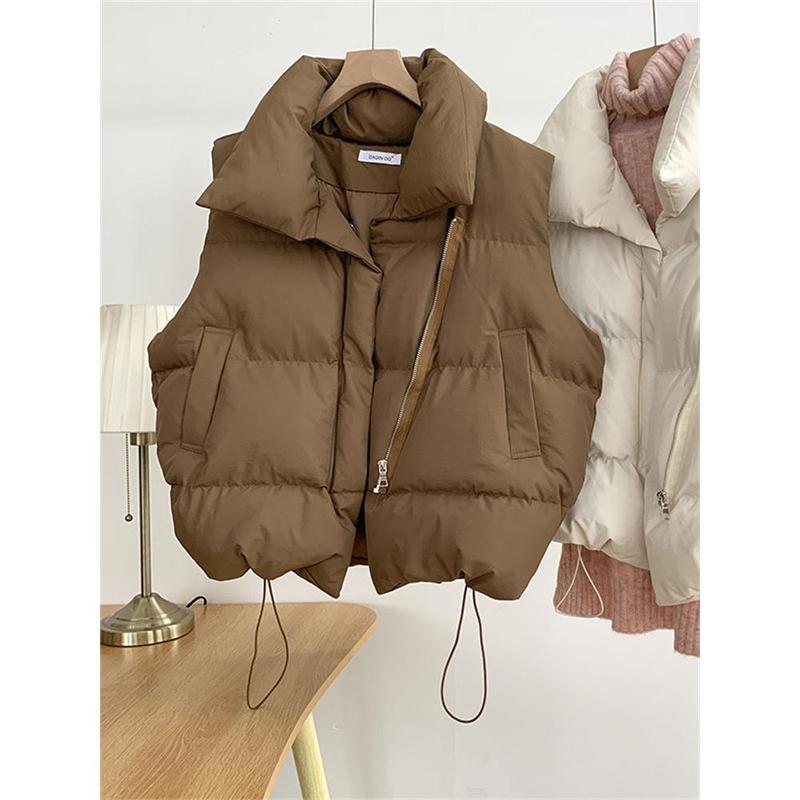 down Cotton Vest Women's Autumn and Winter New Korean Style Loose Waistcoat Solid Color Outerwear Vest All-Matching Vest Cardigan Womenswear Tops Minimalist High Neck Basic Comfort