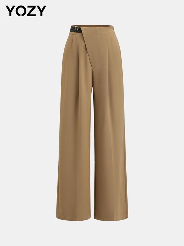 YOZY Women's Solid Plicated Pocket Wide Leg Pants, Casual Zipper Fly Trousers for Work Office Business, Ladies Bottoms for All Seasons