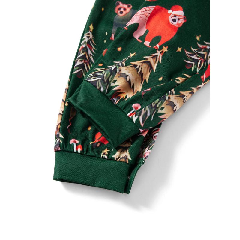 Green Matching Christmas Pajamas For Family, Printed Long Sleeve Tops Elastic Waist Pants for Fall Winter