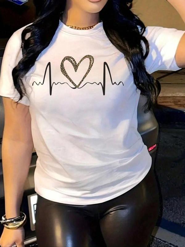 Women's Heart & Heartbeat Print Round Neck Tee, Casual Short Sleeve T-Shirt for Summer, Graphic Tees Women, Ladies Clothes for Daily Wear