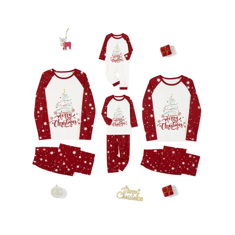 Christmas Family Pajamas Matching Set, Long Sleeve Tree Letters Print T-shirt with Snow Print Pants Sleepwear Loungewear Crewneck Womenswear