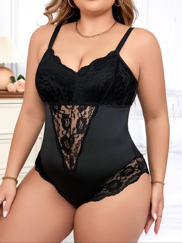  Contrast Lace Sheer Button Closure Crotch Shapewear Bodysuit, Fashion Stretchy Tummy Control One-Piece Shaper, Women's Shapewear for Daily Wear