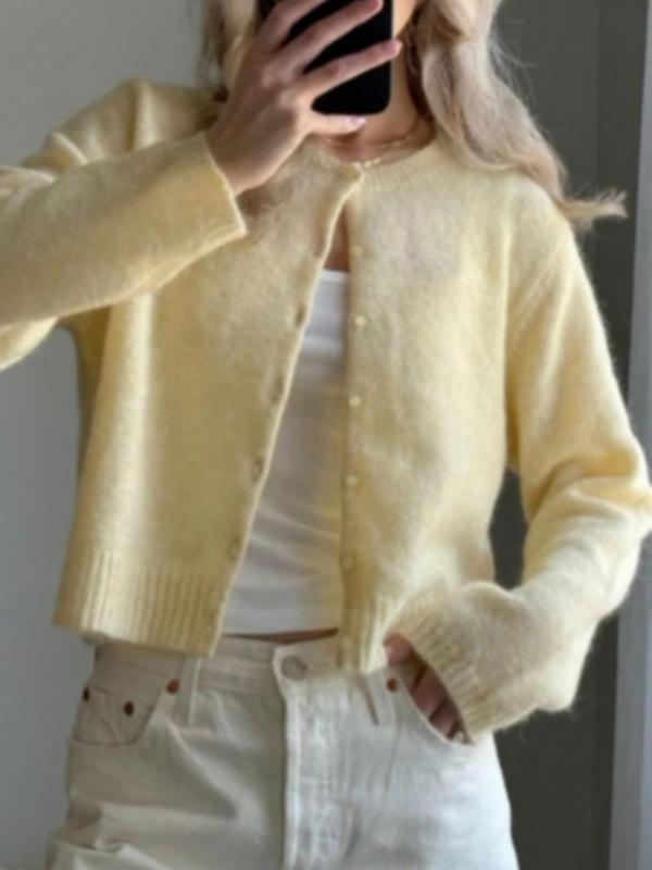 Women's Solid Color Button Front Cardigan, Casual Drop Shoulder Long Sleeve Cardigan, Women Knitwear for Fall & Winter Daily Wear