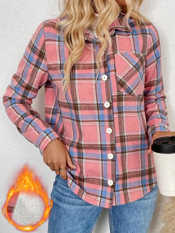 Women's Plaid Print Button Front Flap Pocket Shirt Jacket, Casual Long Sleeve Collared Outerwear for Fall & Winter, Ladies Clothes for Daily Wear