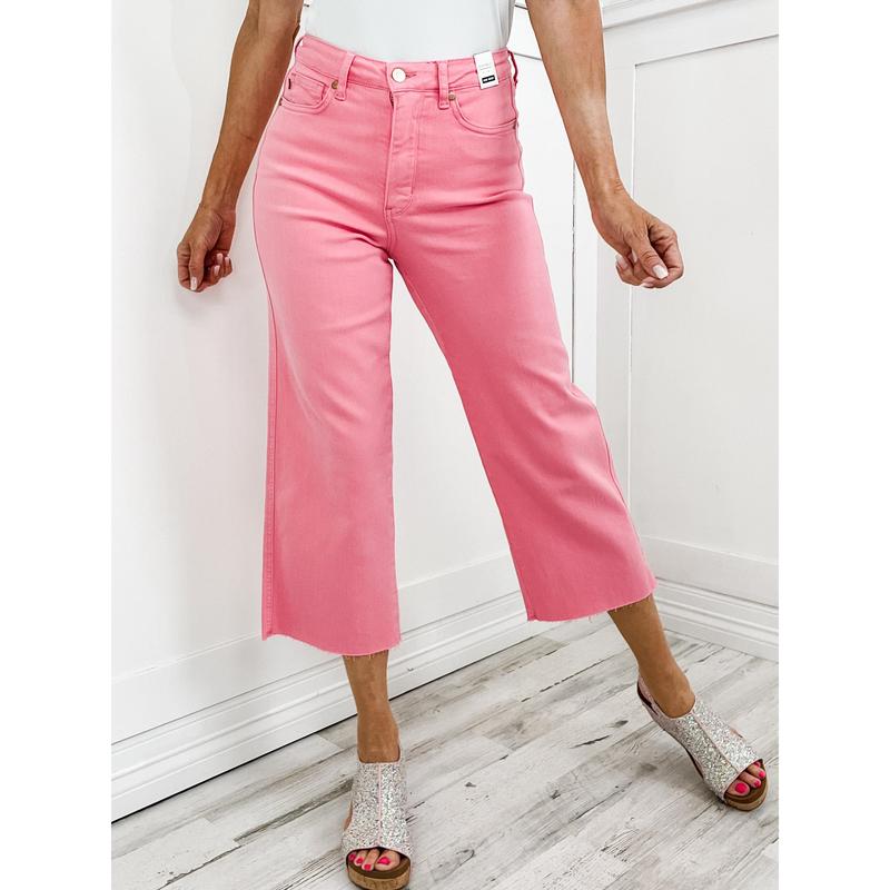 Judy Blue SHELBY Hi-Rise Tummy Control PINK Wide Leg Cropped Jeans