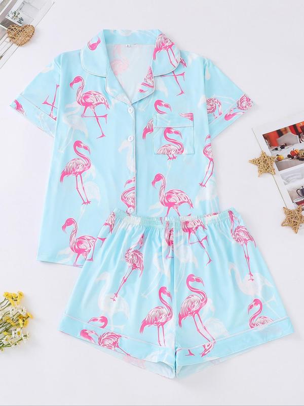 Women's Flamingo Print Lapel Pocket Shirt & Elastic Waist Shorts Pyjama Set, Casual Comfy Button Front Short Sleeve Top & Shorts Pj Set, Ladies Sleepwear for All Seasons