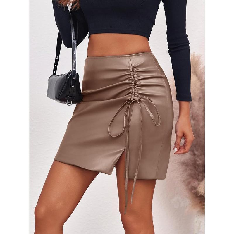 Saodimallsu Womens Leather Skirt Casual High Waist Ruched Split Summer Bodycon Mini Pencil Skir