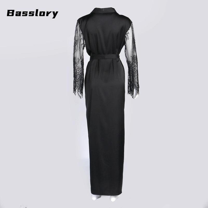 Women's Lace Casual Robe, Sexy V-neck Pajamas, Long See Through Sleeve Nightwear Long Sleeve Elegant