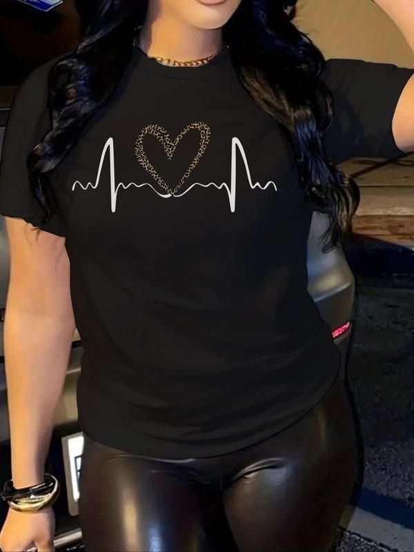 Women's Heart & Heartbeat Print Round Neck Tee, Casual Short Sleeve T-Shirt for Summer, Graphic Tees Women, Ladies Clothes for Daily Wear