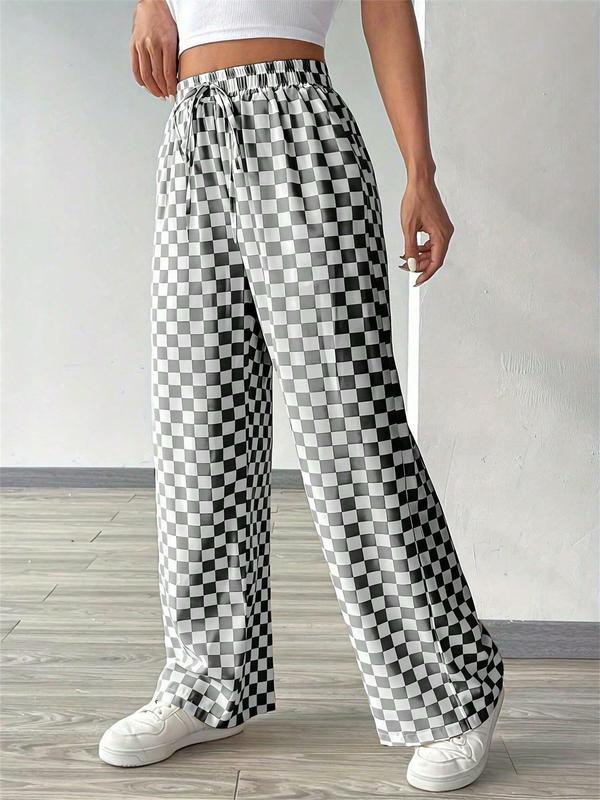 Women's Plaid Print Drawstring Waist Straight Leg Pants, Casual Loose Pocket Trousers for Daily Wear, Ladies Bottoms for Fall & Winter, Downtown Girl Clothes, Preppy 80s Clothes