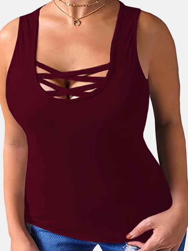 Plus Size Criss Cross Backless Tank Top, Casual Solid Scoop Neck Sleeveless Top for Summer,  Tank Tops for Women, Women's Plus Clothing for Daily Wear