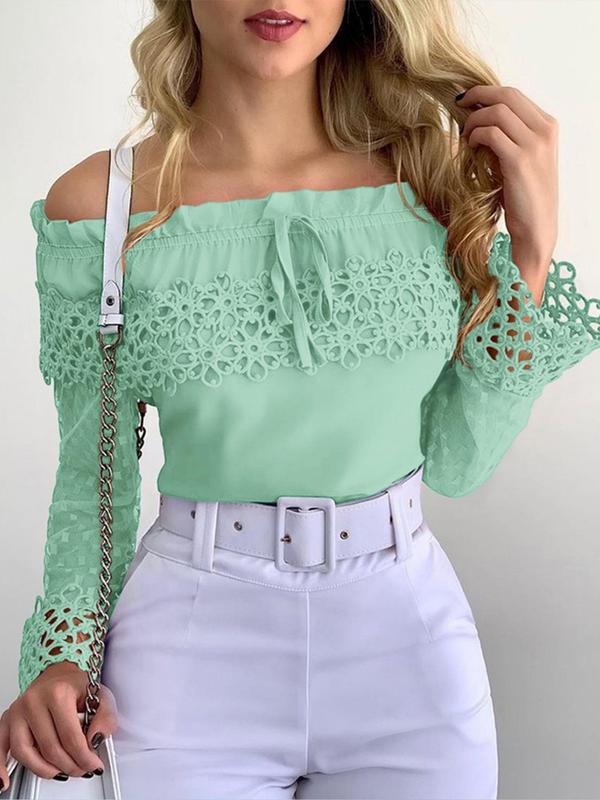 Women's Off The Shoulder Contrast Lace Frill Trim Blouse, Retro Flounce Sleeve Tie Front Top for Spring & Fall, Women's Long Sleeve Clothing for Daily Wear Girl Clothes