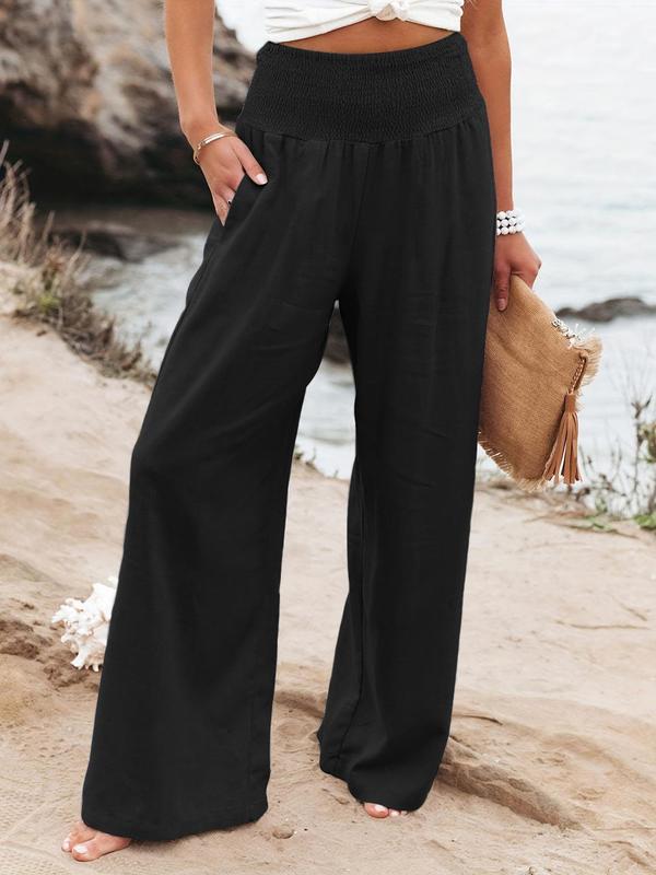 Women's Plain Pocket Shirred Wide Leg Pants, Casual Elastic Waist Trousers for Beach Vacation Holiday, Ladies Bottoms for All Seasons