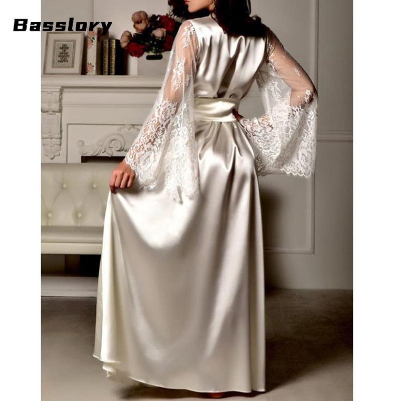 Women's Lace Casual Robe, Sexy V-neck Pajamas, Long See Through Sleeve Nightwear Long Sleeve Elegant