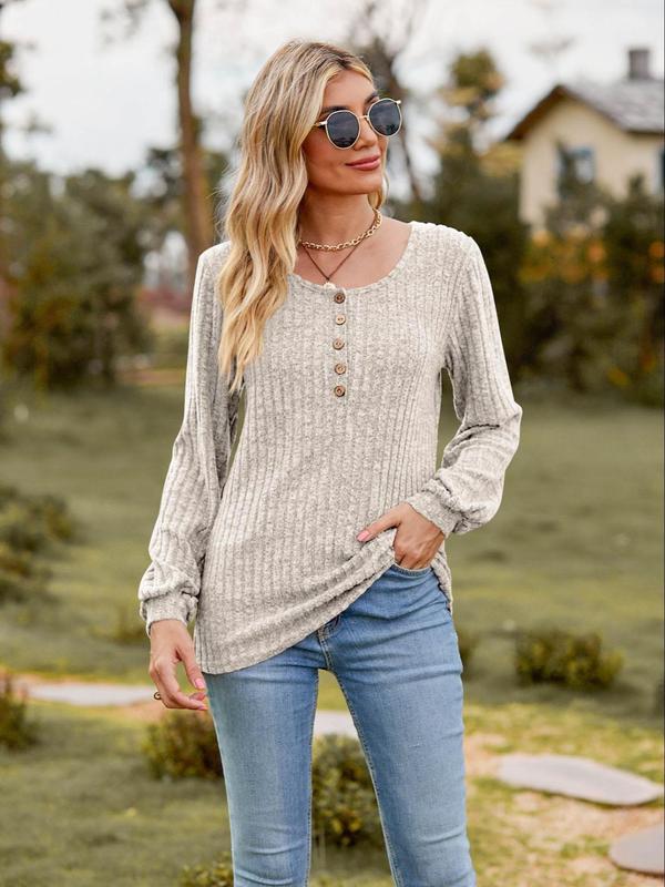 Women's Plain Button Decor Ribbed Tee, Casual Long Sleeve T-shirt for Spring & Fall, Women's Top for Daily Wear