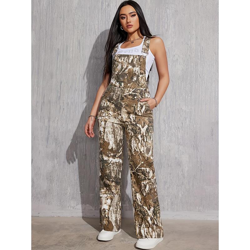 Women's Camouflage Print Denim Overalls, Fashion Denim Jumpsuit With Pockets, Sleeveless, Casual Style