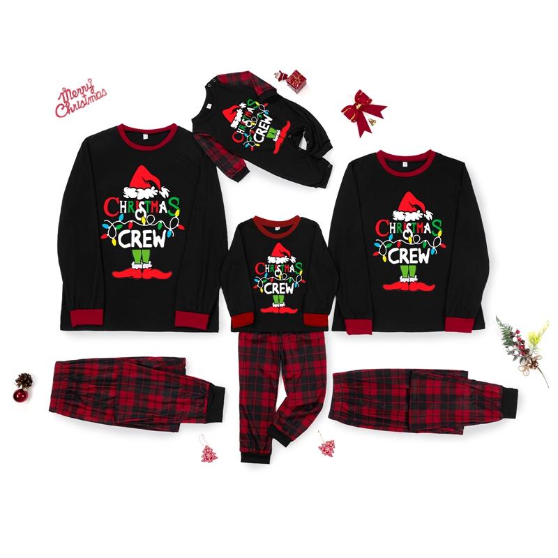 Hot Matching Christmas Pajamas For Family Long Sleeve Monster Letter Print Tops + Plaid Pants Set Winter Loungewear