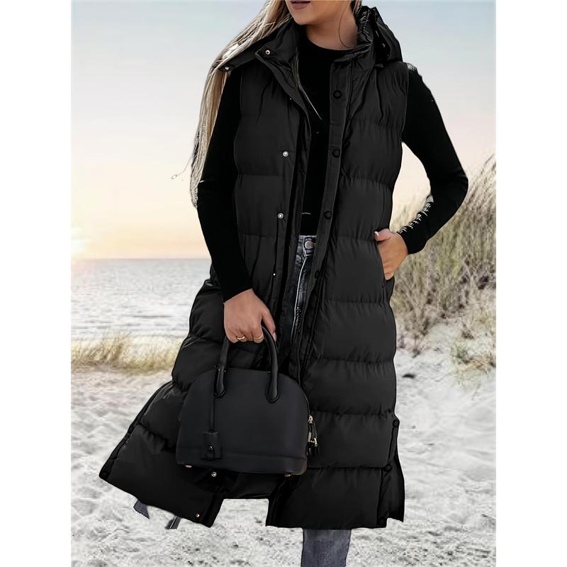 Women's Long Quilted Hooded Vest Sleeveless Button Fluffy down Jacket Cotton Cushion Jacket Winter Coat