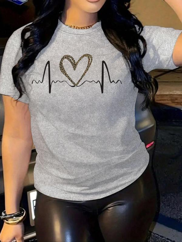 Women's Heart & Heartbeat Print Round Neck Tee, Casual Short Sleeve T-Shirt for Summer, Graphic Tees Women, Ladies Clothes for Daily Wear