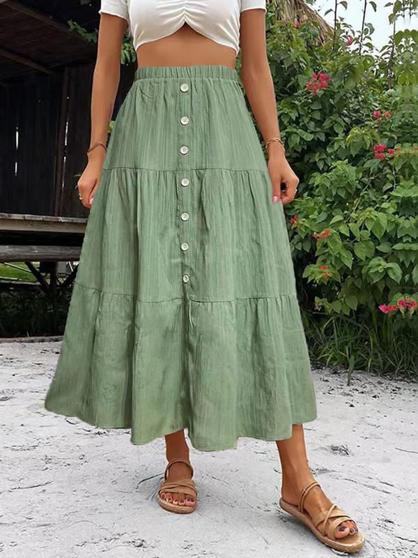 Women's Plain Button Front Tiered Layer A Line Skirt, Elegant Fashion Casual Long Skirt for Daily Outdoor Wear, Women's Bottoms for Spring & Fall