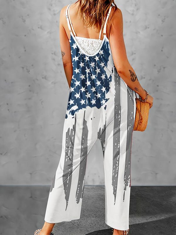 Women's 4th Of July Flag Print Sleeveless Cami Jumpsuit, Lady Casual Comfy Adjustable Spaghetti Strap Pocket Overalls, Jumpsuit for Women, Comfort Sleeveless Onesies, Ladies Summer Clothes for Daily Wear Back To School, Womenswear