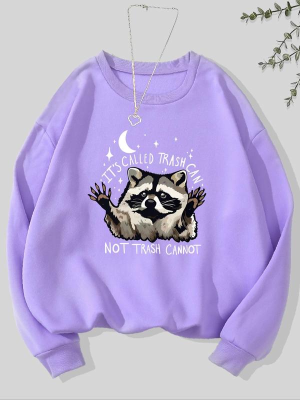 Women's Letter & Raccoon Print Drop Shoulder Sweatshirt, Casual Long Sleeve Round Neck Pullover for Fall & Winter, Ladies Clothes for Daily Wear