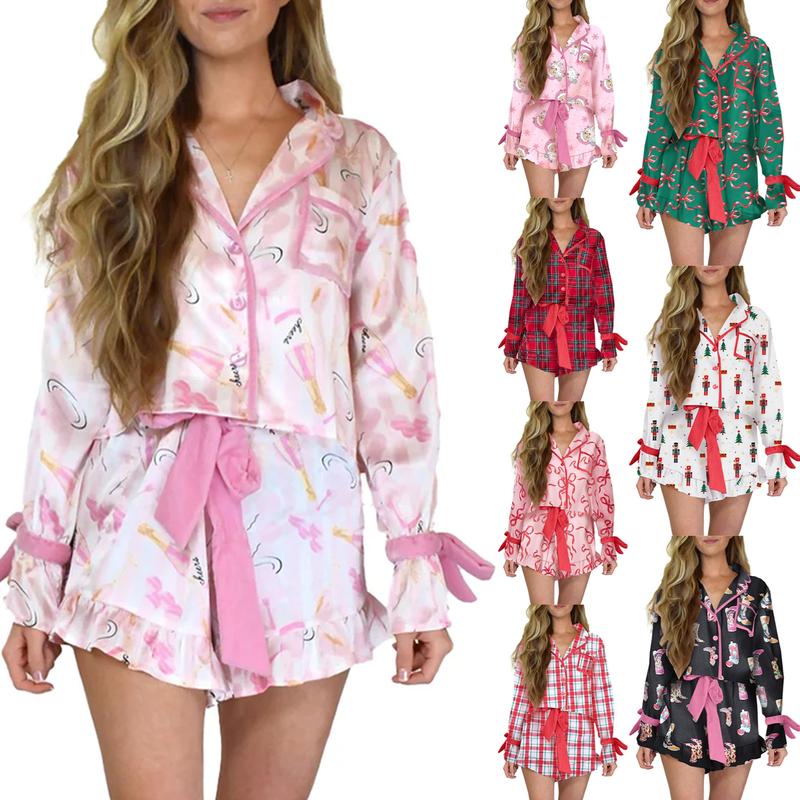 Women Christmas Pajamas Set 2 Pieces Loungewear Suits Bow Cartoon Plaid Print Long Sleeve Shirts Tops Shorts Sleepwear Outfits