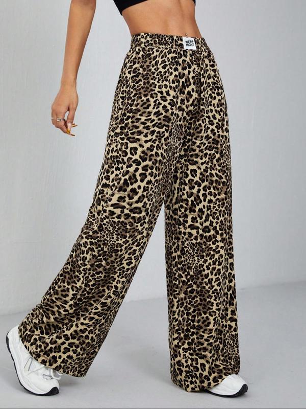 Women's Leopard Print Patched Pocket Wide Leg Pants, Casual Elastic Waist Trousers for Daily Wear, Ladies Bottoms for All Seasons